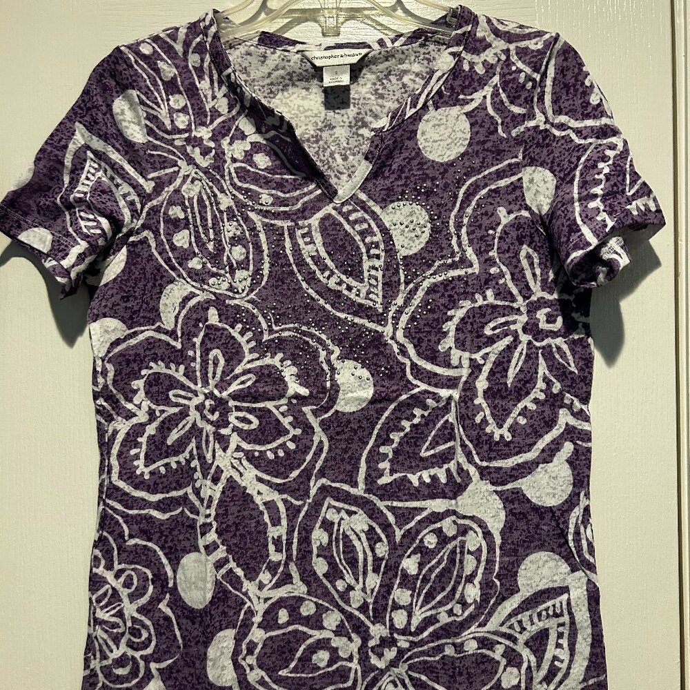 Christopher & Banks Purple/White Short Sleeve Top Size Small